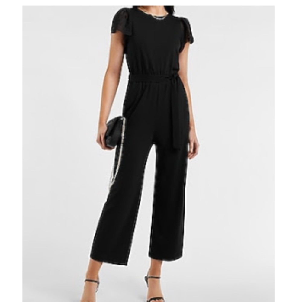 Express Belted Lace Sleeve Culotte Jumpsuit - Black